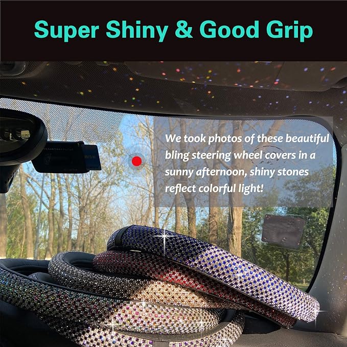PINCTROT Large Size Bling Comfy Steering Wheel Cover with Jumbo Crystal Rhinestones, Anti-Slip Diamond Leather, 15.5-15.75 Inch (Colorful)