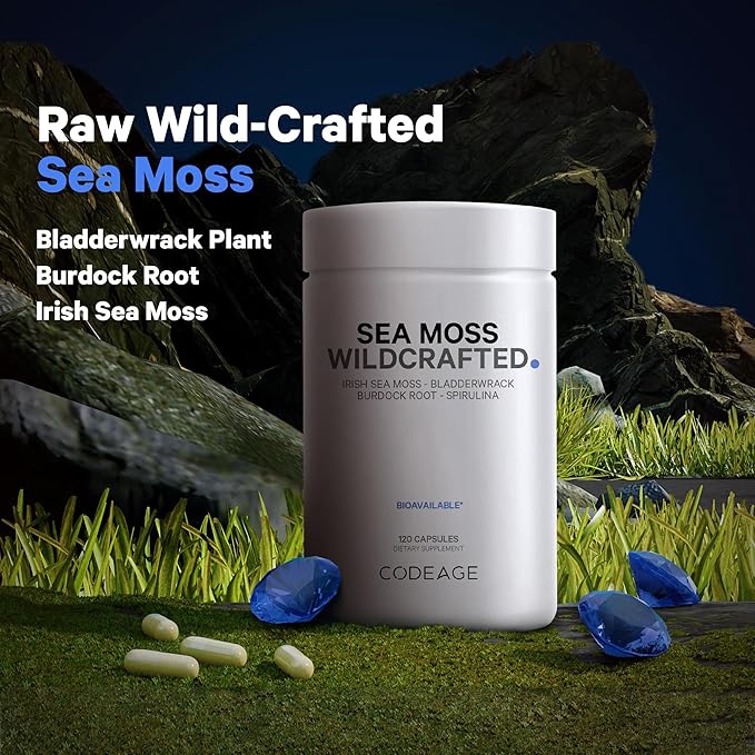 Codeage Raw Wildcrafted Irish Sea Moss Supplement, Spirulina Algae, Bladderwrack Seaweed, Burdock Root, Black Pepper, Vegan, Non-GMO, 120 Capsules