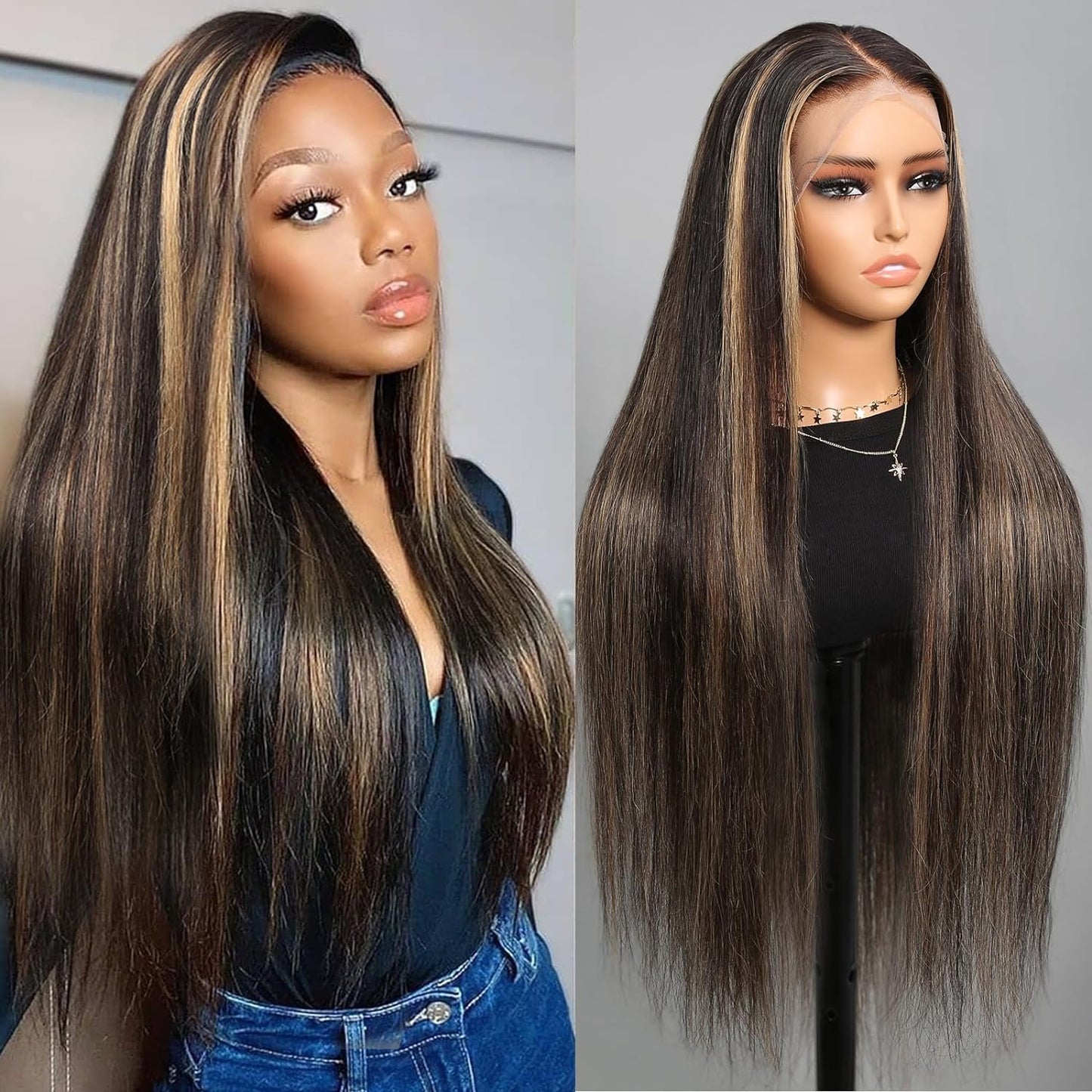 Superlook Real Bleached Knots Highlight Lace Front Wigs Human Hair 220% Density Balayage Glueless Wigs Human Hair 30 Inch 13X4 O