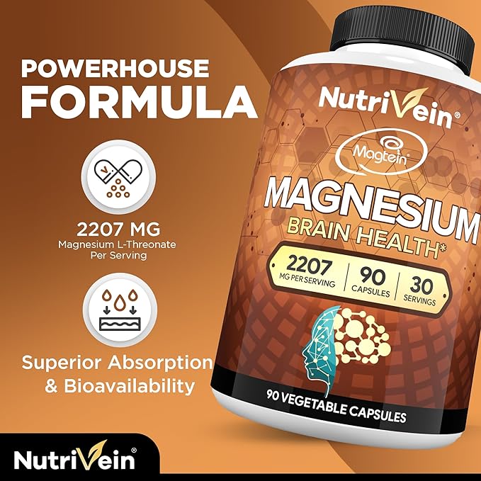 Nutrivein Premium Magnesium L-Threonate Supplement (Magtein) 2207 mg - 90 Caps (3 a Day): High-Absorption Magnesium Threonate for Brain, Sleep, Mood & Recovery
