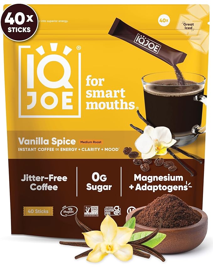 IQJOE Mushroom Coffee Packets (40 Servings) Lion’s Mane, Magtein Magnesium, Antioxidants, Adaptogens - Vanilla Spice - Instant Coffee for Focus, Clarity, Mood, Energy Boost - Sugar Free, Keto, Vegan