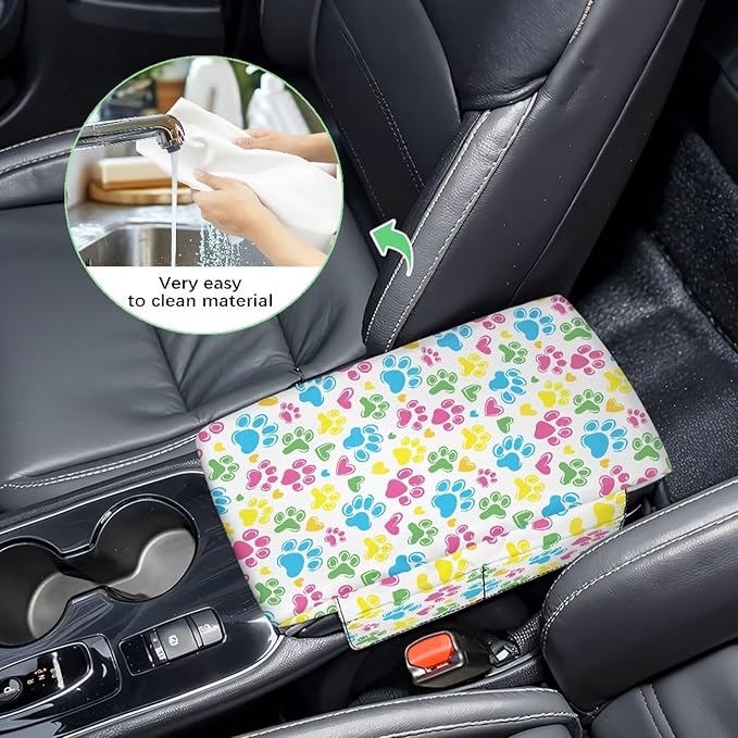 Dreaweet Colorful Dog Paw Arm Rest Cover for Car Women Thick Center Console Armrest Pad with Pockets Auto Accessories Interior Car Center Console Cushion Pad