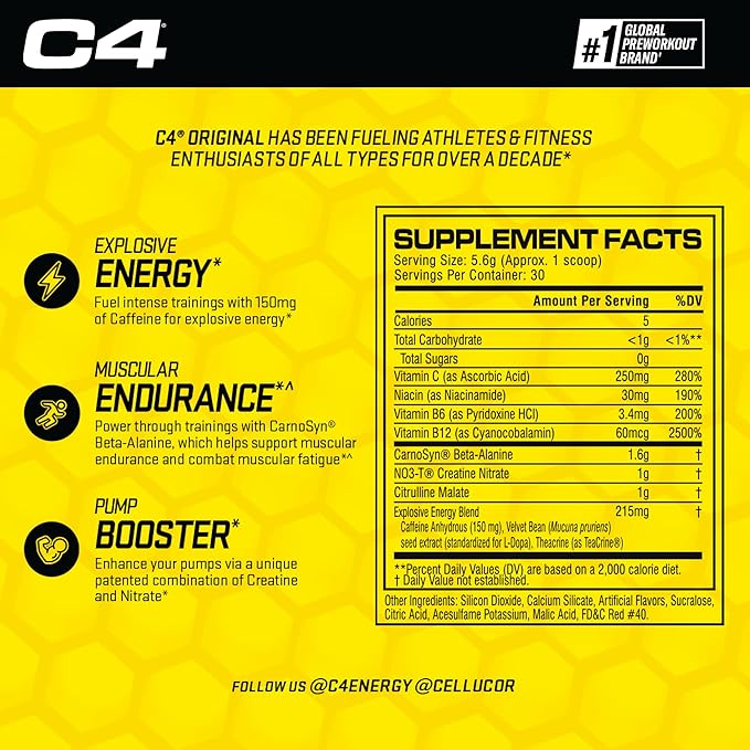 Cellucor C4 Original Pre Workout Powder Watermelon Sugar Free Preworkout Energy Supplement for Men & Women 150mg Caffeine + Beta Alanine + Creatine 30 Servings