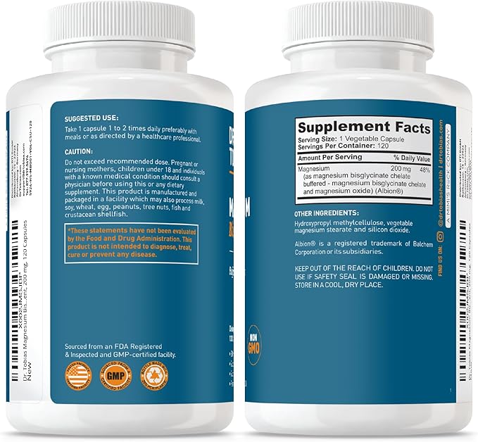 Dr. Tobias Magnesium Bisglycinate, High Absorption Magnesium Buffered Chelate Complex, 200 mg per Capsule, Supports Energy, Muscle, Bone & Joint Health, Non-GMO Magnesium Supplement, 120 Capsules