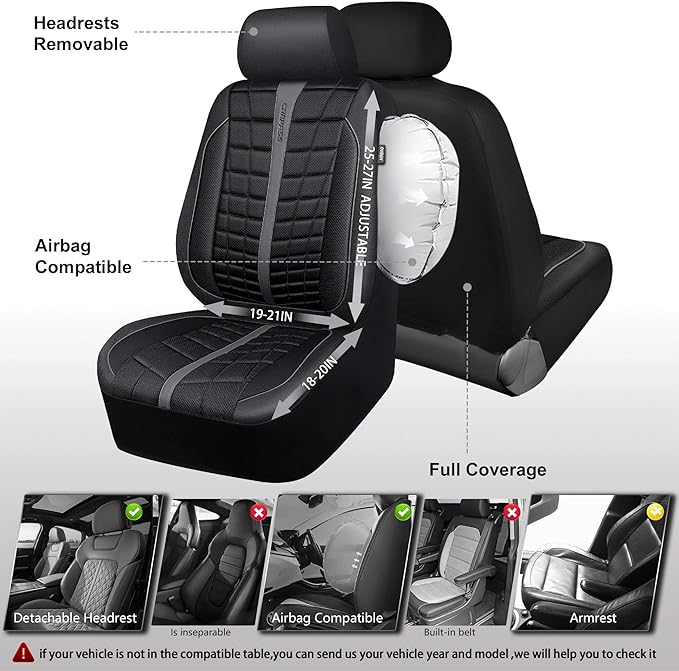CAR PASS 3D Air Mesh Seat Covers for Car, Leather Car Seat Cover Front Seats, Breathable Foam Premium Leather Mesh Front Seat Covers Universal Fit for Cars Sedans Trucks Vans SUVs, Black Gray