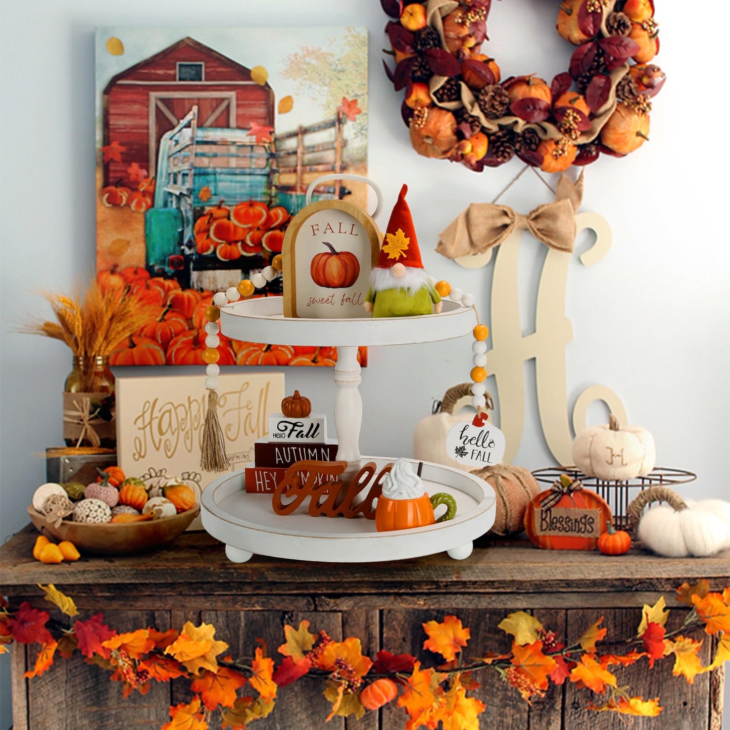 Fall Decorations, 6 PCS Fall Tiered Tray Decor Set, Thanksgiving Harvest Table Centerpiece Pumpkin Gnome Autumn Farmhouse Wood Sign, Indoor Tabletop Decor for Home Office Kitchen Shelf Mantel