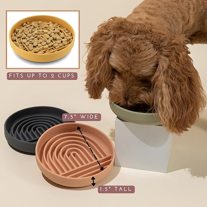 The Slowdown Bowl Silicone Slow Feeder for Dogs & Puppies, Slow Eating, Modern Lick Mat Design, Reduces Gulping, Fits 2 Cups 7.5” Across x 1.5” Tall, Mealtime Challenge, Medium-Tan