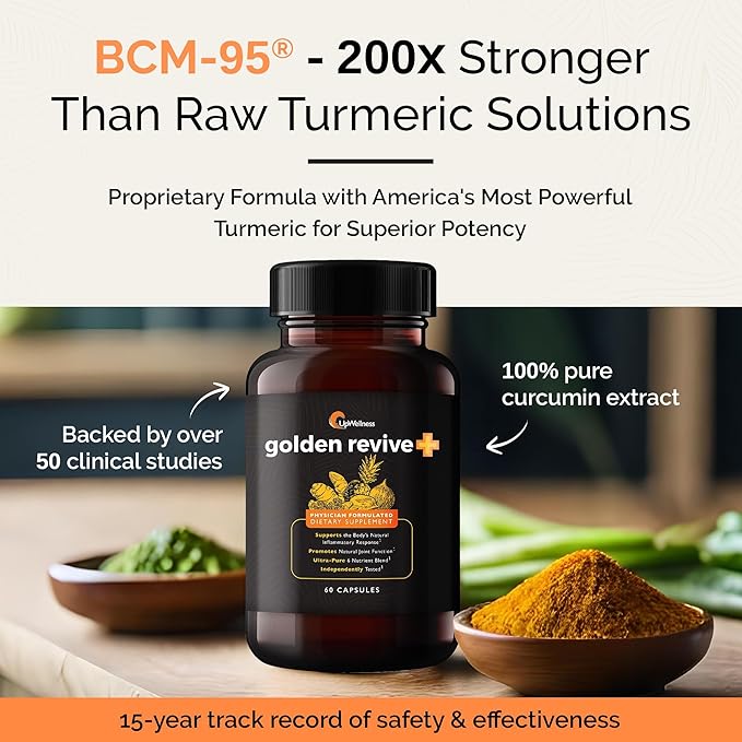 Golden Revive + Joint Support Supplement Featuring Turmeric with Black Pepper, Quercetin, and Magnesium- Turmeric Black Pepper Supplement - 6 Active Ingredients for Joint Care - 60 Capsules