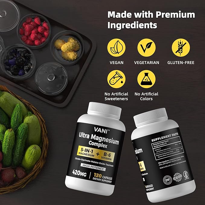 Magnesium Glycinate, （420mg） 5 in 1 Magnesium Complex & B6 Supplement for Nerve, Heart, Muscle Health & Relaxation*, Maximum Bioavailability & Absorption, Gluten Free, 120 Vegan Capsules