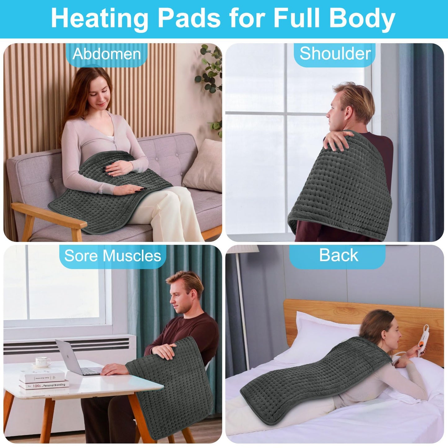 Boileau Electric Heating Pad for Back Pain and Period Cramps Relief, 17"x33" Extra Large XXXL, 3 Heating Levels Heat Pad with 2-Hour Auto Shut Off, Gifts for Women and Mom, Blue