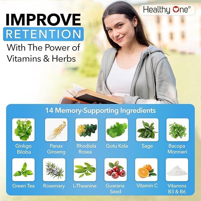 Healthy Mind - Safe for Teens - Brain Fog - Cognitive Function - Concentration - Focus - Neural Optimization - Mood - Ginkgo Biloba - Ginseng - Rhodiola - Bacopa - Gotu Kola - Green Tea - 150 Count