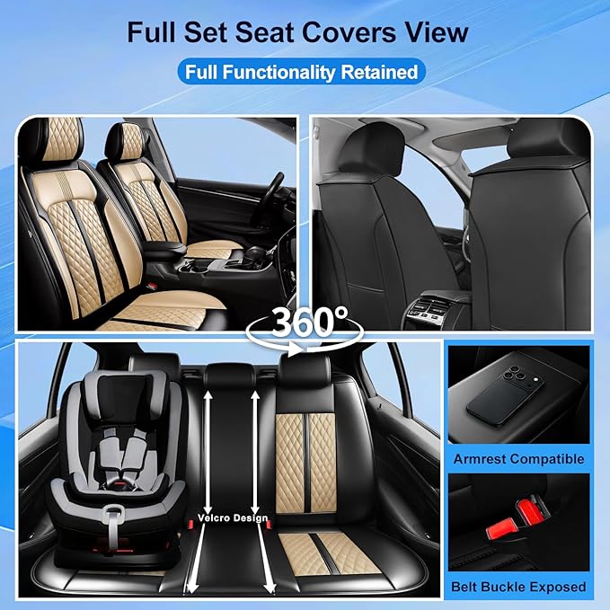Fit Colorado Car Seat Covers for Select Chevy/Chevrolet Colorado 2015-2026, Premium Full Coverage Leather, Waterproof All Weather Breathable Seat Cushion Protector, Full Set, Black+Beige