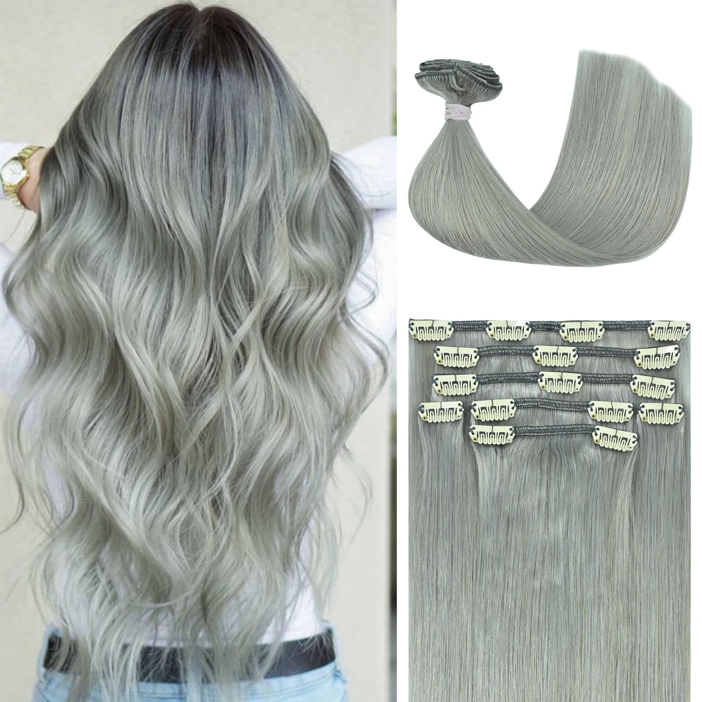 Honsoo Sliver Gray 9A Real Human Hair Extensions Clip Ins 18In 70G 7Pcs Clip On Hair Extensions Like Your Own Hair For Woman