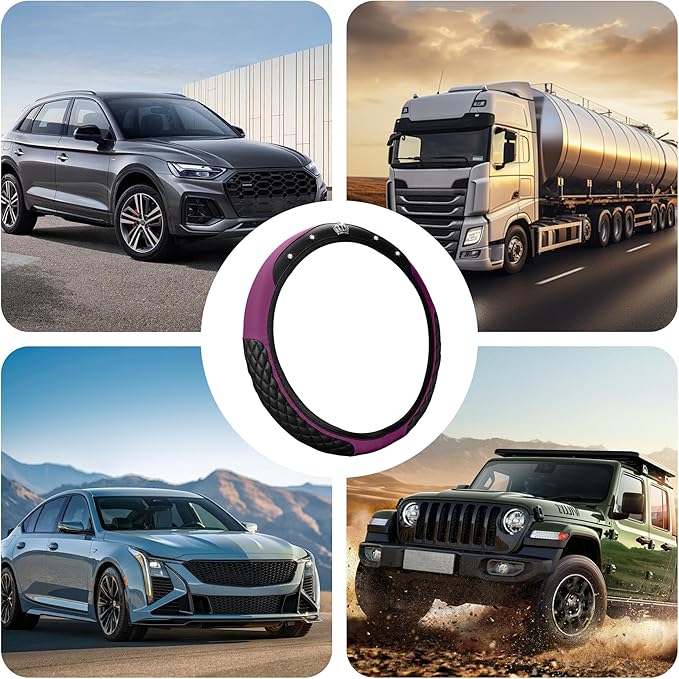 Bling Car Steering Wheel Cover, Diamond Leather Crystal Rhinestones Vehicles Steering Wheel Protector, Sparkling Anti-Slip Automotive Interior Decoration Accessories, Universal Fit (Purple)