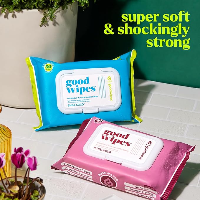 goodwipes Flushable Butt Wipes - Extra Large Adult Wet Wipes For Women & Men - Bathroom Essentials - Sewer & Septic Safe - Bathroom Essentials - Shea Coco, 153 Count (3 Packs + 3 Individually Wrapped)