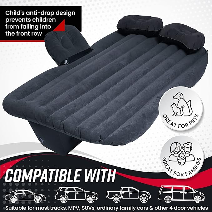 VaygWay Inflatable Car Air Mattress – Air Bed w/Pump Kit –Back Seat – Camping Vacation Blow up Bed Cushion - Sleeping Pad w/ 2 Pillows (Inflatable Car Mattress, Neck Pillow, Ear Plugs, Eye Shields)