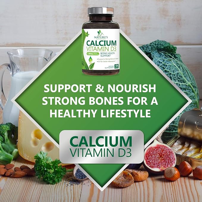 Calcium Supplement with Vitamin D - 1200 mg Calcium Carbonate with 1600 IU of D3 Vitamins - Supports Bone Strength, Teeth & Immune System - Natural & Easily Absorbable for Women & Men - 120 Tablets