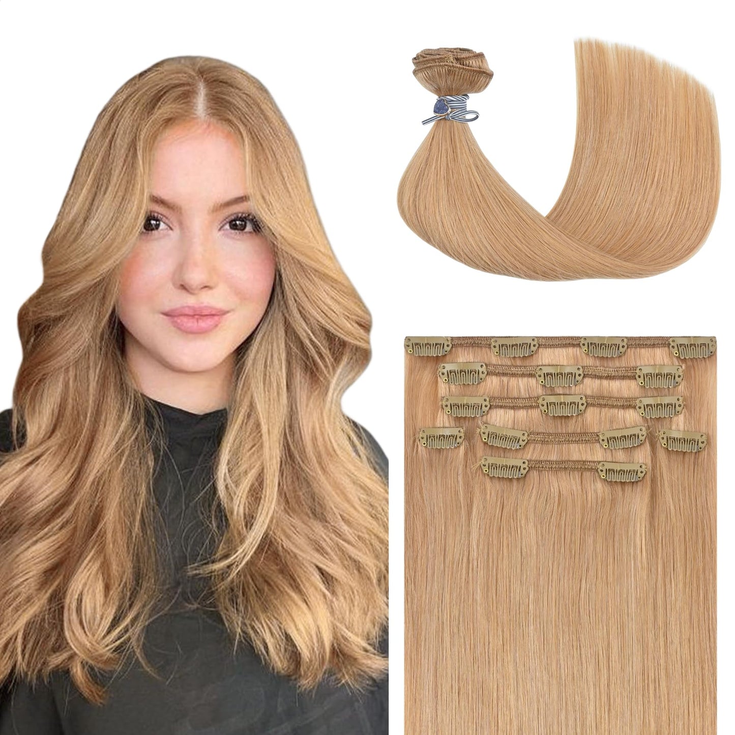 Honsoo Real Human Hair Clip In Hair Extensions 70G Golden Brown 7Pcs 15In Silky Straight Hair Double Weft No Shedding Hair Exten