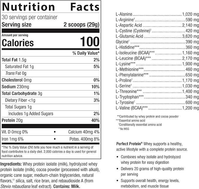 Metagenics Perfect Protein with Cross-Flow Micro-Filtered Whey Isolate & Hydrolyzed Whey Protein - 30 Servings - Chocolate