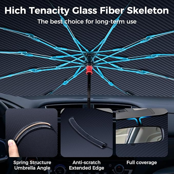 Upgraded Windshield Sun Shade Umbrella – Thickened Silver Titanium Coating, UV Protection for Car Front Window, Block Sun Rays & Keep Interior Cool, Reinforced Spring Edge, Universal Fit 61" L x 33" W