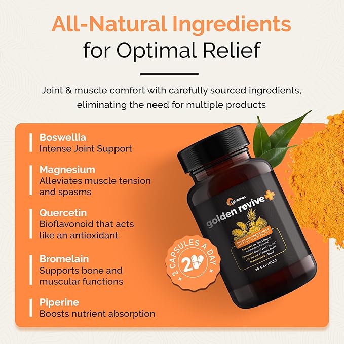 Golden Revive + Joint Support Supplement Featuring Turmeric with Black Pepper, Quercetin, and Magnesium- Turmeric Black Pepper Supplement - 6 Active Ingredients for Joint Care - 60 Capsules