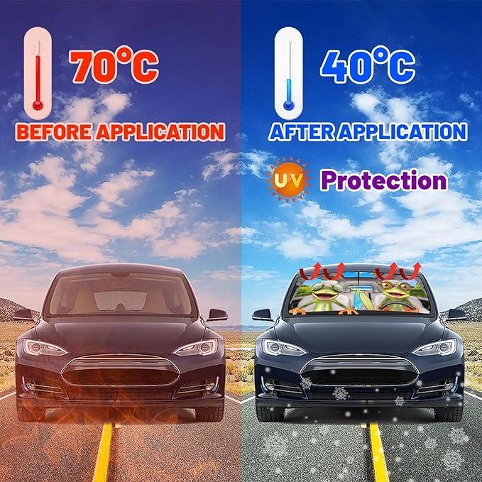 CHILL·TEK Funny Animal Car Windshield Sun Shade Umbrella, Frog Driving Car Sun Shade Umbrella, Block UV Rays Heat Foldable Windshield Umbrella Sun Visor Protector - Keep Vehicle Cool for Cars SUV