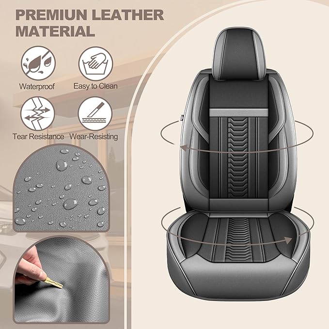 TTX LIGHTING for Toyota Highlander 2007-2026 Seat Covers: Waterproof Leather Seat Protector with Airbag Compatible (2 Front Seats,Black&Gray)