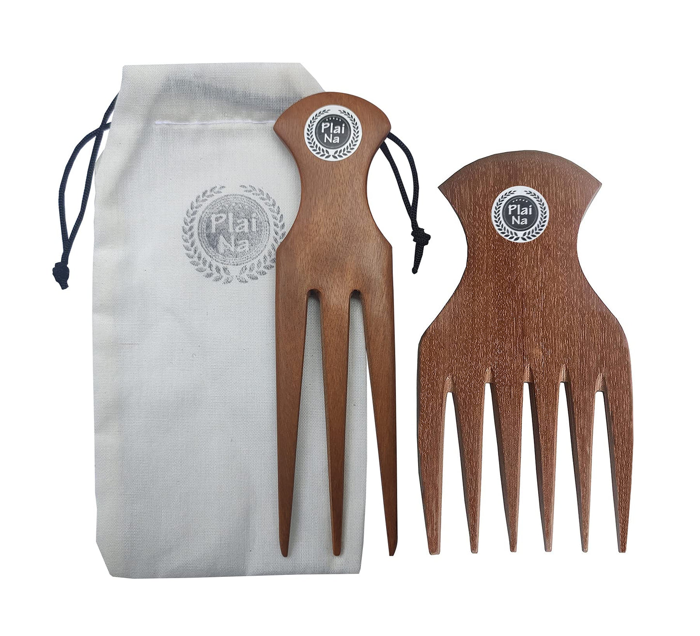 Plai Na Comb For African Hair - Wooden Comb Afro Pick Set For Women - Wide Teeth Pick, Prong Braiding/Parting 3 Tooth Comb For B