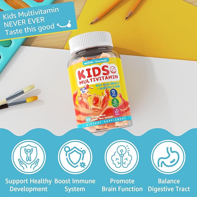 Sugar Free Kids Multivitamin Gummies with Iron, Probiotics, Vegan Omega 3 (EPA/DHA), Kids Daily Vitamins A, C, D, B Complex, Zinc for Healthy Growth, Immune, Brain, Bone, Orange Flavor, 120 Counts