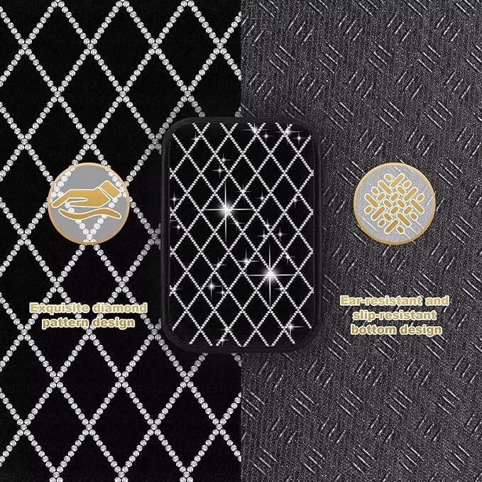 Bling Center Console Cover with 2 Side Pockets Fit for bZ4X Multi-Functional Car Armrest Cushion Diamond-Studded Rhombus Pattern Style(Black&Silver Diamond)