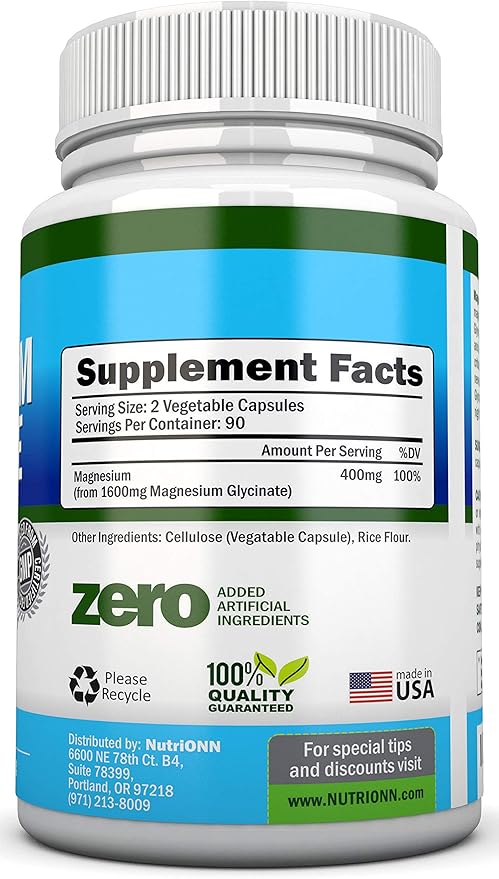 Magnesium Glycinate - 1600 mg - 180 Vegan Capsules - Maximum Absorption - Chelate Vegan Supplement - High Bioavailability - Great for Heart Health and Muscle Cramps