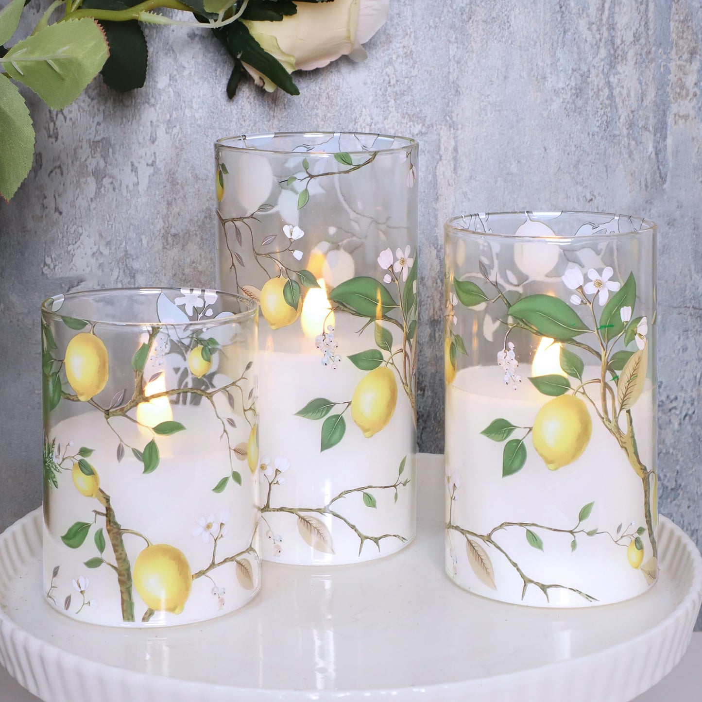 Flameless LED Candles with Remote Lemon Decal Glass Flickering Battery Operated Candles for Home Room Party Wedding Holiday Summer Decor - Set of 3