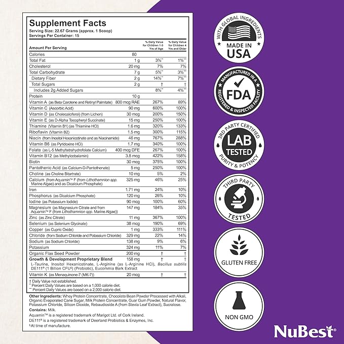 NuBest Tall Protein Powder for Kids & Teens - Whey Protein Powder - Chocolate Protein Powder Shake - Protein Drink with Probiotics, Omega 3-6-9, Vitamin D3 + K2, Calcium, Vitamin - 15 Servings