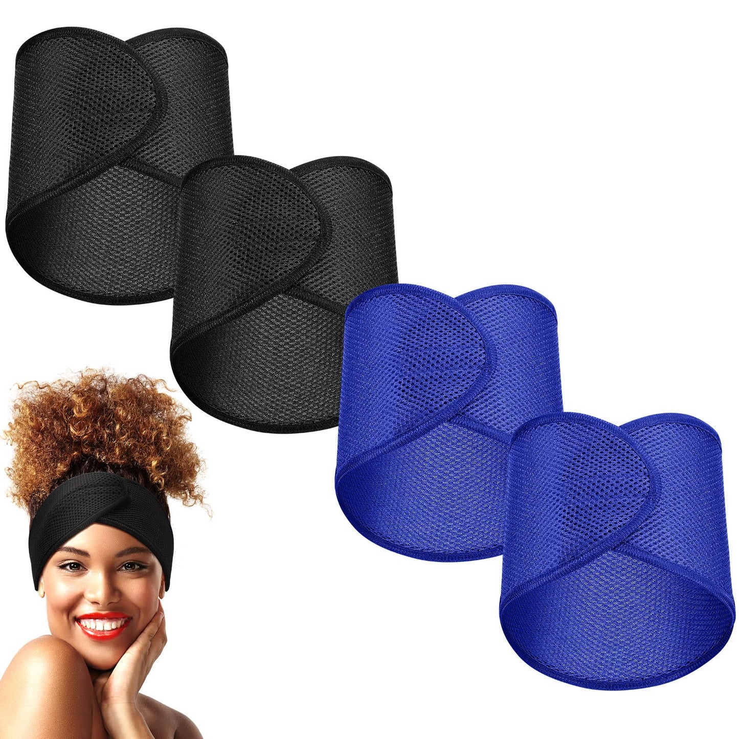 Haysandy Hair Wrap, 4 Pieces Mesh Hair Wrap For Black Women - Face Wash Makeup Hair Accessories Headbands (Black, Blue, 1 Count