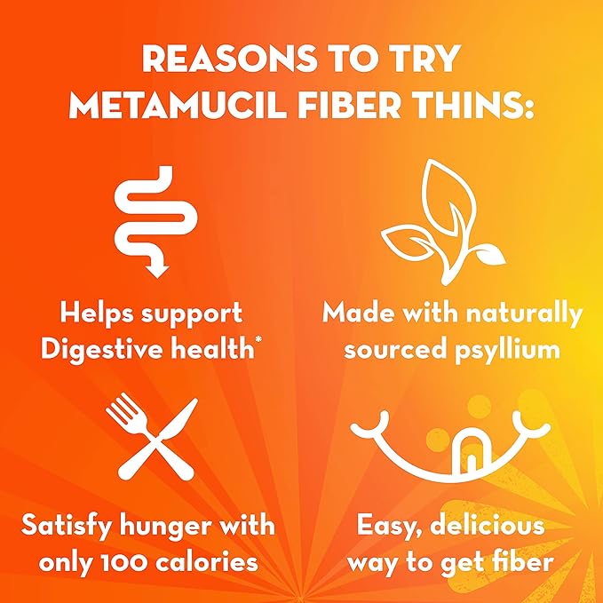 Metamucil Fiber Thins, Psyllium Husk Fiber Supplement, Digestive Health Support and Satisfy Hunger, Chocolate Flavored, 12 Servings