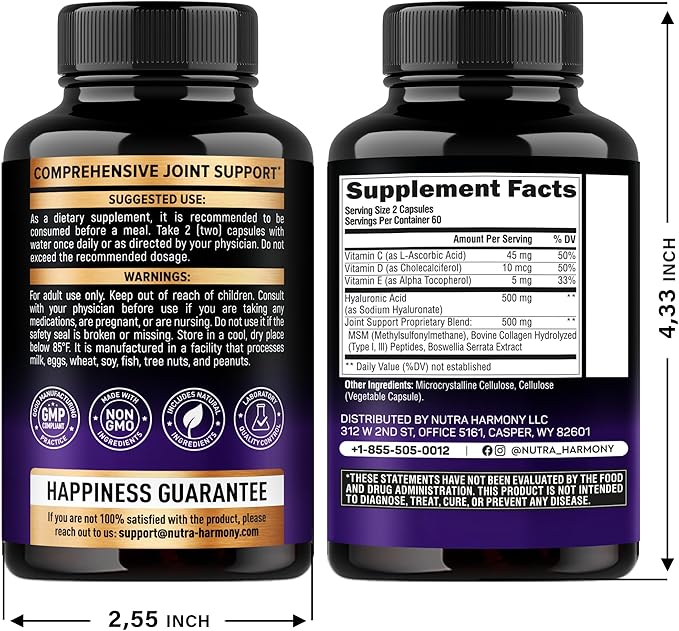 Hyaluronic Acid Supplements 1000 mg - Skin & Joint Hydration, Joint Discomfort Relief - 7-in-1 with Collagen, MSM, Boswellia & Vitamins - Hyaluronic Acid Capsules, Pills - Made in USA - 120 Capsules