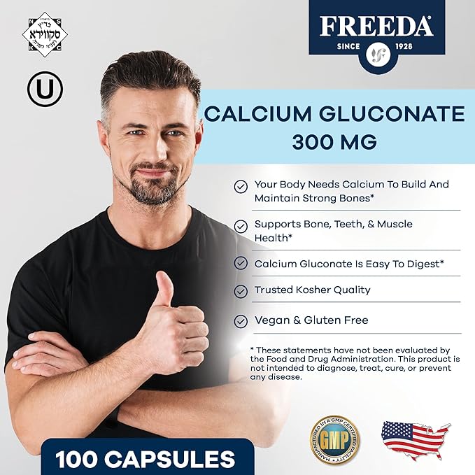 Freeda Calcium Gluconate – Kosher Vegan Calcium Supplement – Easy to Digest & Absorb – Supports Bone Strength – Pure Calcium Without Vitamin D – (500 Capsules)