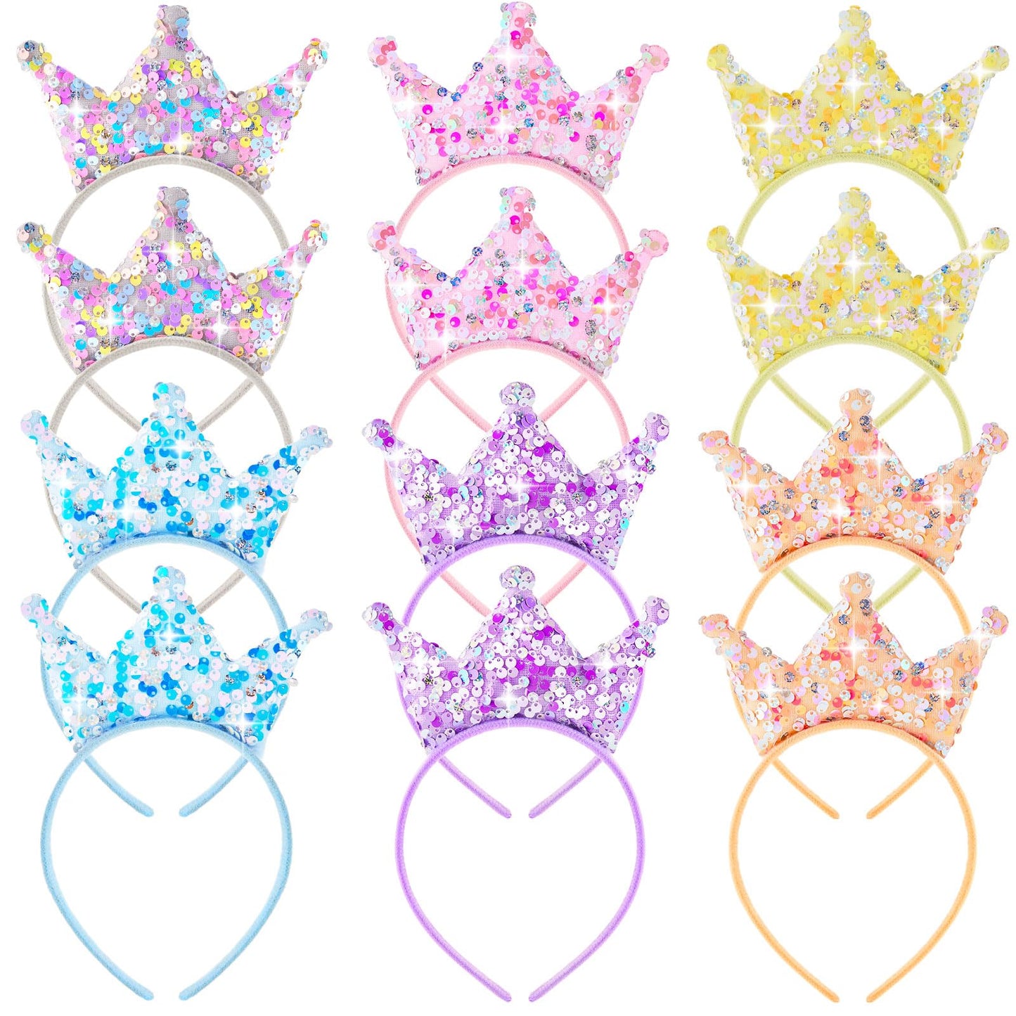 Juexica 12 Packs Princess Crown Headband Girls Glitter Headbands Sequin Crown Headband Princess Party Favors Tiaras for Girls(Mu