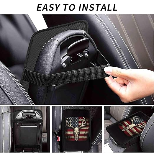 American Flag with A Deer Skull Car Auto Armrest Cushion Cover Accessories Center Console Seat Box Pad Protector Universal Decoration for Most Vehicle SUV Truck