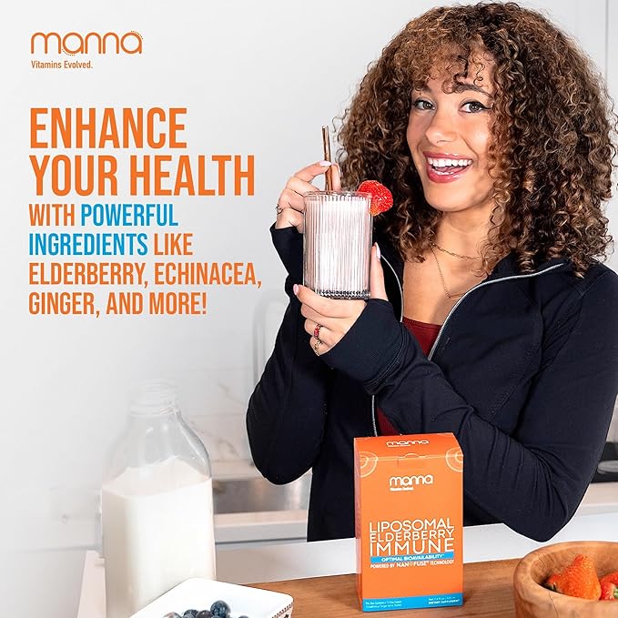 Manna Liposomal Elderberry Immune Packets – Vitamins C, D, Zinc, Echinacea & Ginger - Daily Immune Support for Adults & Kids - Sugar Free, Real Elderberry Extract & Syrup, Travel-Friendly, 30 Pack