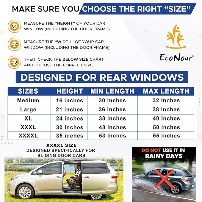 EcoNour Window Shades for Side Windows (Pack of 2) | Sun Shade for Car Heat and UV Protection | Adjustable Elastic Fabric Baby Car Shade | Rear Side Window Sun Shade Accessories (Large 40"x25")