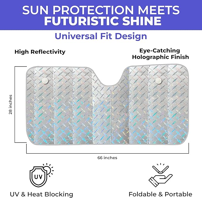 EcoNour XL Holographic Windshield Sunshade for SUV Truck | UV & Heat Reflective Car Sun Shield | Foldable Accordion Style Design – Fits Windshields | X-Large 66 x 28 Inches
