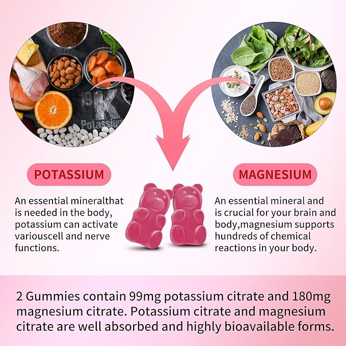 Potassium Magnesium Gummies, New Formula Calm Magnesium Glycinate Gummies, Chewable Gummy Supplements for Leg Cramps & Muscle, Raspberry Flavor 90 Count