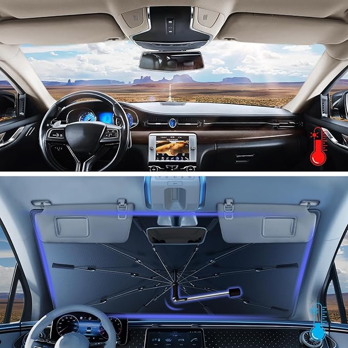 2026 Windshield Sun Shade Umbrella, Foldable Car Sunshade for Mid-Size Sedan, 360 Rotating Automotive Interior Sun Protection for 99% Heat UV Blocking, Auto Heat Shield Accessories(Medium)
