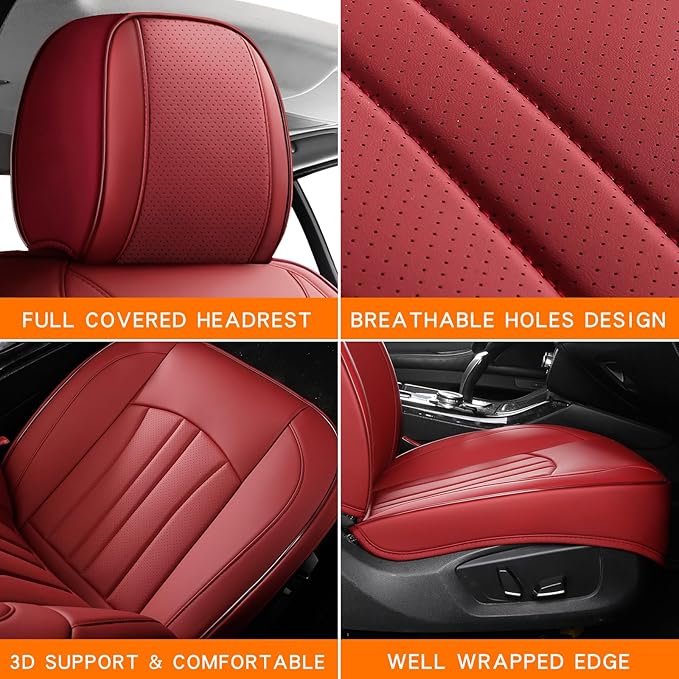 Red Car Seat Covers,Leather Car Seat Cover, Waterproof Seat Covers Full Set, Fit RAV4 Accord Altima Rogue CX5 CRV Wine Red