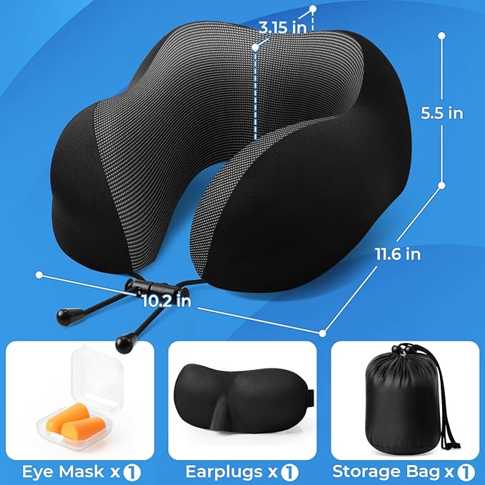 Travel Pillow, 2 Pack Travel Pillows for Sleeping Airplane, Neck Pillow Airplane, Memory Foam Neck Pillow Set with Eye Mask, Earplugs and Storage Bag -Black & Pink
