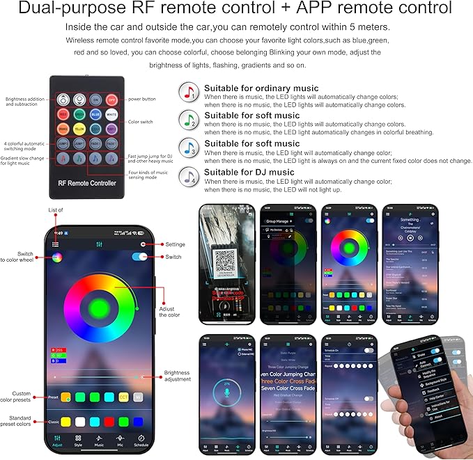 Car Atmosphere Light Kit 5m Fiber Optic RGB Multicolor Sound Active Music Sync Memory Function RF Remote Controller + Bluetooth APP Control 64 Colors USB Car Interior Ambient Lighting Kit 12V