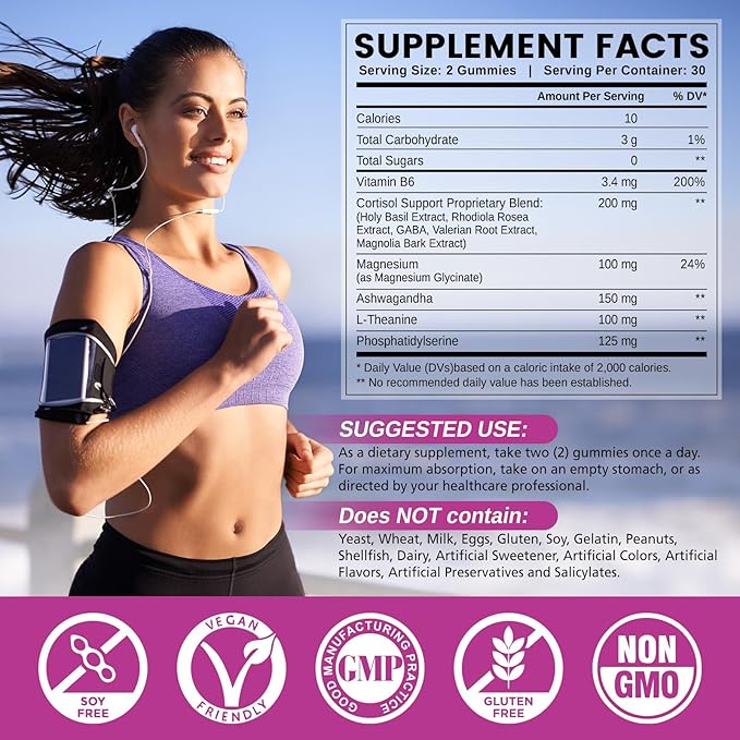 Cortisol Supplements for Women Men, Cortisol Gummies with Ashwagandha, Magnesium, L-Theanine, Phosphatidylserine, B6 for Cortisol Detox, Relaxation, Sleep, Focus, Sugar-Free, Vegan, 60