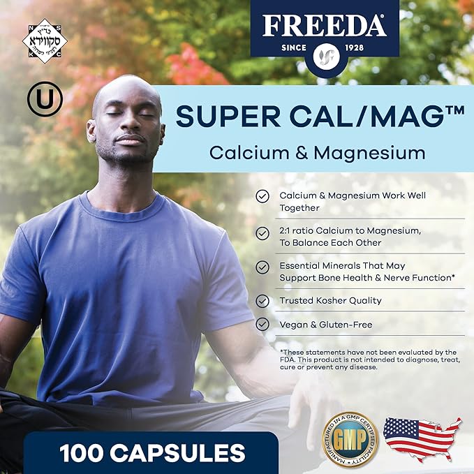 Freeda Super Cal/Mag – Kosher Vegan Bone Health Supplement – Supports Bone Strength, Nerve Function & Muscle Relaxation – Vegetarian Calcium Magnesium Capsules – Third-Party Tested – (100 Capsules)