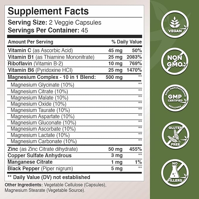 Gade Nutrition Magnesium Complex 10 in 1 with Magnesium Glycinate, Citrate, Malate, Oxide, Taurate, Aspartate, Gluconate Ascorbate Lactate Carbonate Zinc Copper Manganese & Vitamin C B1 B2 B6